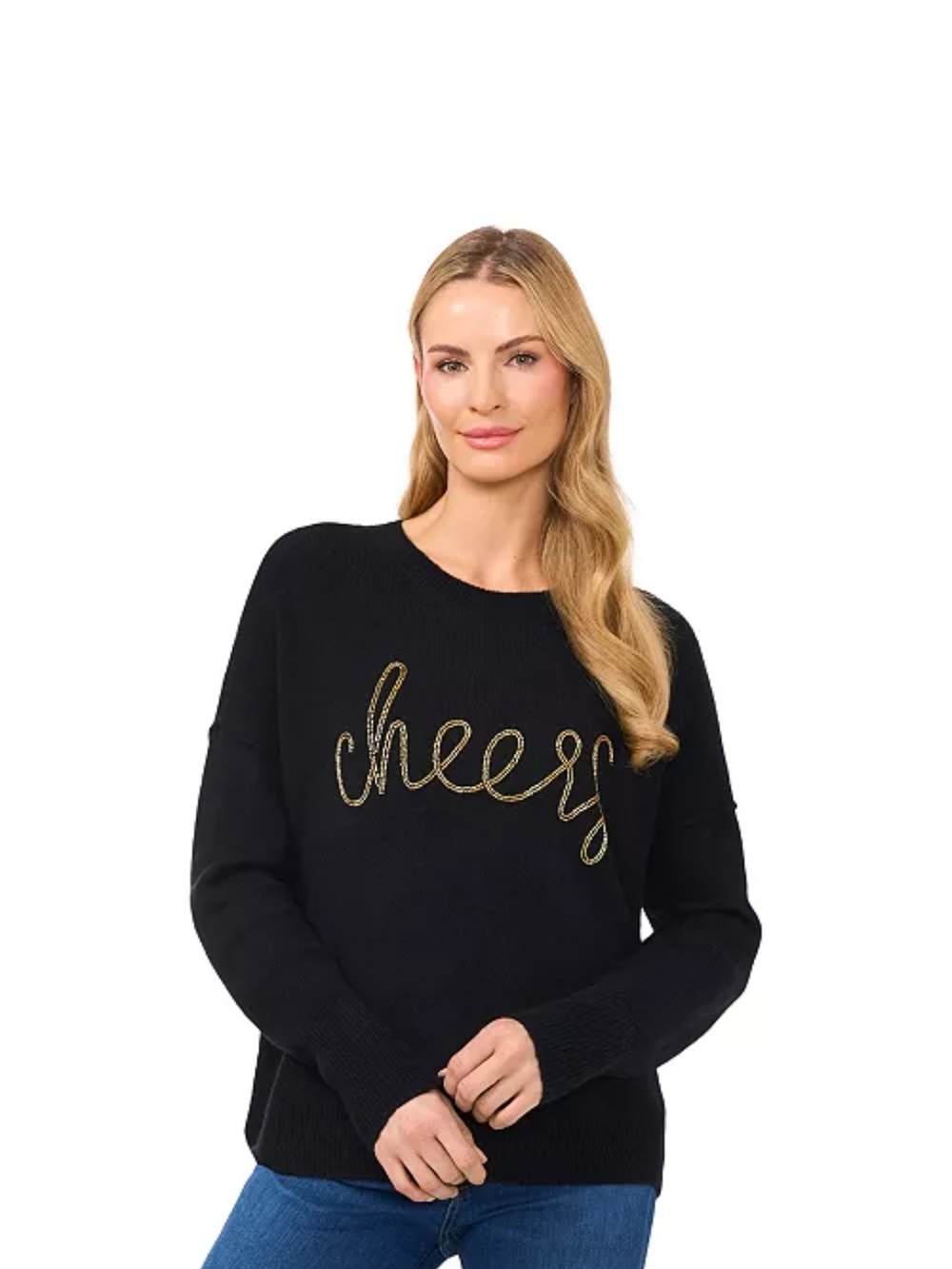 CeCe Black Crewneck Sweater with Gold 'cheers' Script